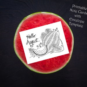 Printable Color-Your-Own Hello, August Watermelon Note Cards - Blank Greeting Cards - Digital Download