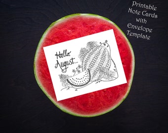 Printable Color-Your-Own Hello, August Watermelon Note Cards - Blank Greeting Cards - Digital Download