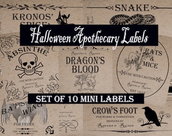 May include: Set of 10 mini Halloween apothecary labels with vintage-inspired designs. The labels feature illustrations of a skull and crossbones, a dragon, a crow, a bat, rats and mice, and a snake. The labels are printed on a brown paper background with black text and illustrations. The text on the labels includes "Absinthe", "Dragon's Blood", "Crow's Foot", "Bat's Wing", "Rats & Mice", and "Snake".
