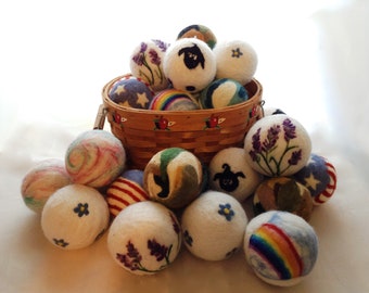 Wool Dryer Balls, Hand Needle-felted, Eco-friendly, All-natural, Unique designs, Bonus storage bag