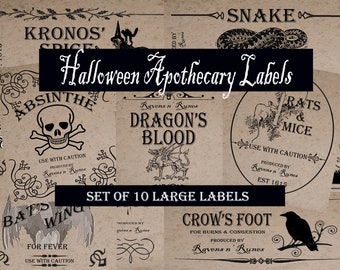 May include: Set of 10 large Halloween apothecary labels with vintage-inspired designs. The labels feature illustrations of a skull and crossbones, a dragon, a crow, bats, rats, and a snake. The text on the labels includes "Absinthe", "Dragon's Blood", "Crow's Foot", "Bats Wing", "Rats & Mice", and "Snake".