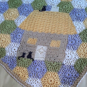 Crochet Baby Boy or Girl Blanket/Unique House Dog Cat Picture Afghan/Thin Lightweight Cotton Throw/Unisex Baby Bedspread/Rustic Baby Blanket