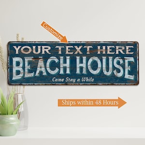 Personalized Beach House Sign, Your Name Home Sign, Blue Rustic Cabin Home Decor, Ocean Nautical Vacation Summer Home, Custom 106180026001