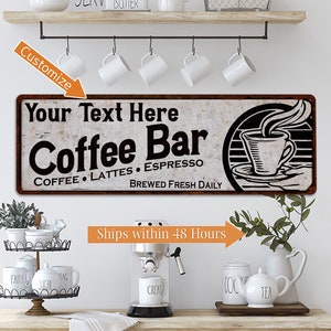 Personalized Coffee Bar Sign, Cafe Wall Decor, Kitchen Shop Nook Station Corner Retro Vintage Looking Wall Art Any Name Gift 106180007001