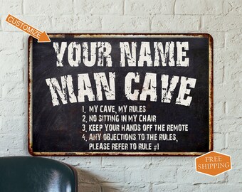 Personalized Man Cave Rules Metal Sign Black Grunge Dad Gift Garage Shop Custom 108120007001