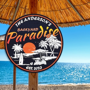 Personalized Backyard Paradise Sign, Vintage Look Beach Sign, Tropical Wall Decor, Hot Tub Sign, Pool Decor, Tiki Bar Patio 100140050013