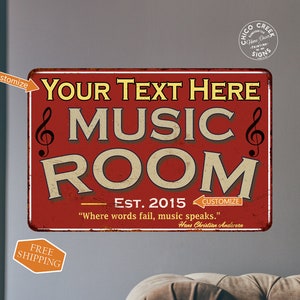 Personalized Music Room Sign, Wall Decor Musician Gift, Red Blue Green, Music Rehearsal Wall Art, Piano Guitar Sax Drums 108120106001