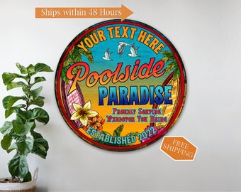 Personalized Pool Sign, Swimming Pool Decor, Custom Backyard Sign, Poolside Paradise, Welcome, Round Pool Tiki Decor 100142002015