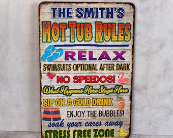 May include: A rustic metal sign with the text "The Smith's Hot Tub Rules" in colourful letters. The sign includes a list of rules for hot tub use, such as "Relax", "Swimsuits optional after dark", "No Speedos!" and "Stress Free Zone".