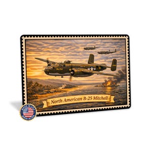 May include: A wooden plaque featuring a vintage illustration of a North American B-25 Mitchell bomber in flight over a coastal scene at sunset. The plaque includes the text "North American B-25 Mitchell" and a "Made in USA" sticker.
