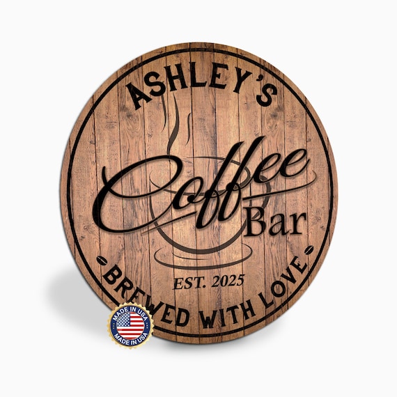 Personalized Coffee Bar Sign, Custom Round Metal Coffee Station Sign, Brewed With Love, Kitchen Decor, Coffee Lover Gift, Made in USA
