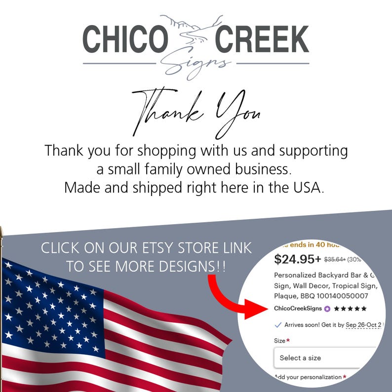 May include: A red, white, and blue American flag with a red arrow pointing to a text box with the words "Personalized Backyard Bar & Sign, Wall Decor, Tropical Sign, Plaque, BBQ 100140050007 ChicoCreekSigns ★★★★★ Arrives soon! Get it by Sep 26-Oct 2" and the price "$24.95+ $35.64+ (30%".