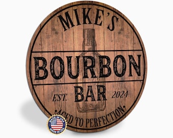 Personalized Bourbon Bar Sign, Custom Round Metal Bar Sign, Aged to Perfection, Home Bar Decor, Bourbon Lover Gift, Made in USA