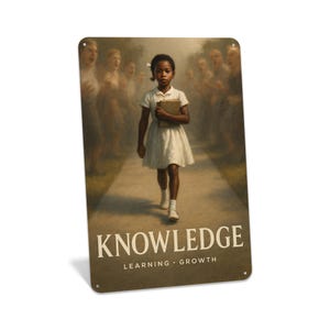May include: A metal sign featuring a young Black girl in a white dress, holding a book, walking down a path. The word "KNOWLEDGE" is printed in large white letters, with "LEARNING • GROWTH" below.