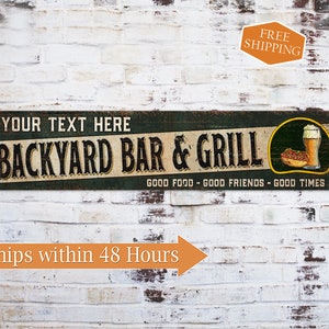 Personalized Backyard Bar and Grill Sign, Custom Backyard Decor, BBQ, Gift Sign 104182002043