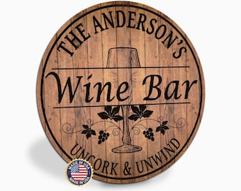 Personalized Wine Bar Sign, Custom Round Metal Family Name Sign, Uncork and Unwind, Home Wine Bar Decor, Wine Lover Gift, Made in USA