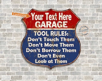 Personalized Garage Sign, Garage Tool Rules Shield Sign, Your Family Name, Garage Mechanic Workshop Woodshop Sign 211110001001