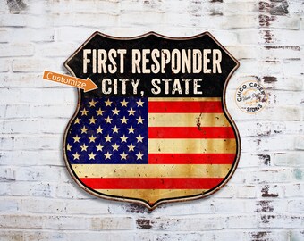 First Responder Personalized Sign, Shield Sign, Fire Fighter, Police Officer, USA American Flag, First Responder Gift 211110022001