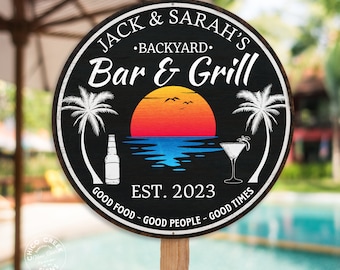 Personalized Backyard Bar & Grill Sign, Vintage Look Bar Sign, Wall Decor, Tropical Sign, Beach Wall Art, Patio Plaque, BBQ 100140050007