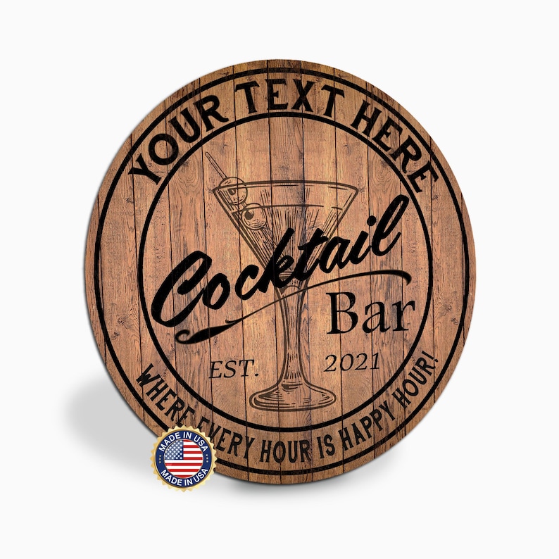 Personalized Cocktail Bar Sign, Custom Round Metal Bar Sign, Home Bar Decor, Where Every Hour Is Happy Hour, Made in USA, Housewarming Gift bild 1
