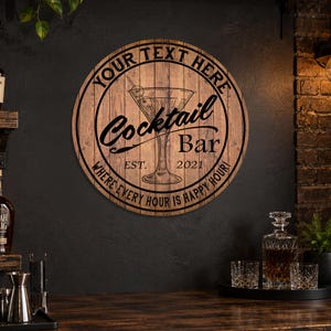 Personalized Cocktail Bar Sign, Custom Round Metal Bar Sign, Home Bar Decor, Where Every Hour Is Happy Hour, Made in USA, Housewarming Gift bild 5