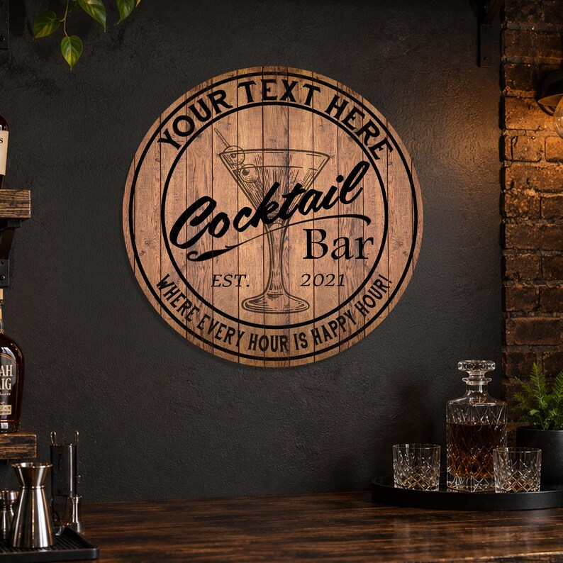 Personalized Cocktail Bar Sign, Custom Round Metal Bar Sign, Home Bar Decor, Where Every Hour Is Happy Hour, Made in USA, Housewarming Gift bild 5