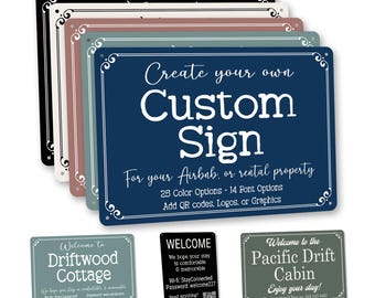 May include: A selection of custom metal signs in various colours, including black, white, and blue. The signs are designed for Airbnb or rental properties and feature customisable text and design options.