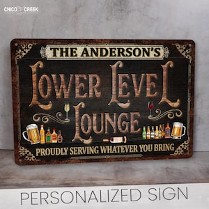Basement Bar Sign, Lower Level Lounge Sign, Home Bar Decor, Custom Gift For Men, Lounge Sign, Alcohol Sign, Bar Decor, Bar Wall Art
