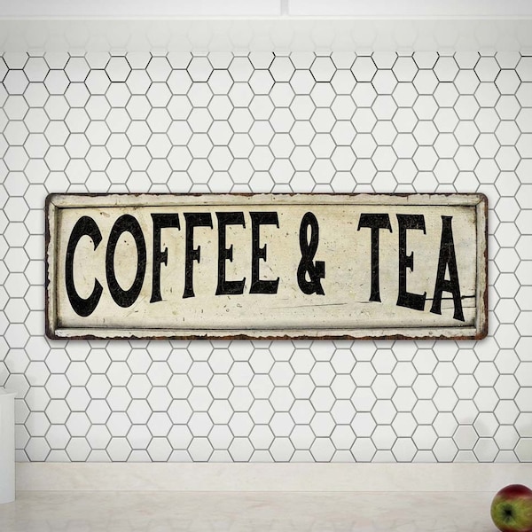 Coffee & Tea Sign, Vintage Look Farmhouse Coffee Shop Decor, Cafe Wall Decor, Java Hot Coffee 106180028066