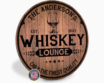 May include: Round wooden sign with the text "THE ANDERSON'S WHISKEY LOUNGE" and a whiskey glass illustration. The sign also includes the text "EST. 2023" and "ONLY THE FINEST QUALITY". A "Made in USA" sticker is visible.
