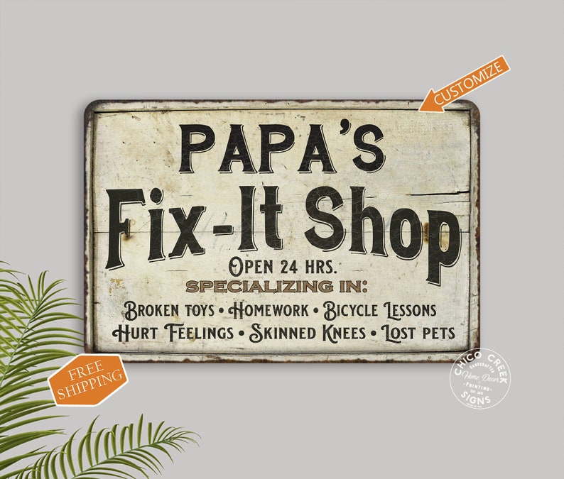 Personalized Fix-It Shop, Man Cave Sign, Custom Garage Sign, Shop Signs, Man Cave Decor, Garage Wall Art, Funny Signs, Humorous Signs image 1