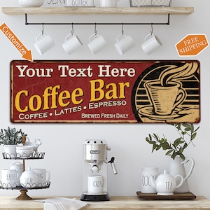 Personalized Coffee Bar Sign, Coffee Shop Wall Decor, Kitchen Nook Station Corner Cafe Retro Vintage Looking Wall Art Home Name 106180006001