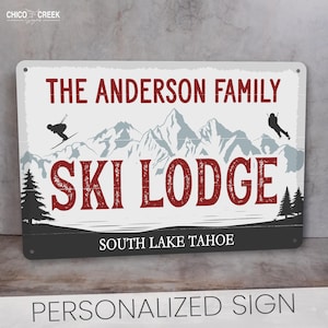 Personalized Ski Lodge Sign, Custom Cabin Decor, Rustic Ski Resort Wall Art, Mountain Lodge Gift, Skiing Theme Cabin Metal Sign Decor Gift