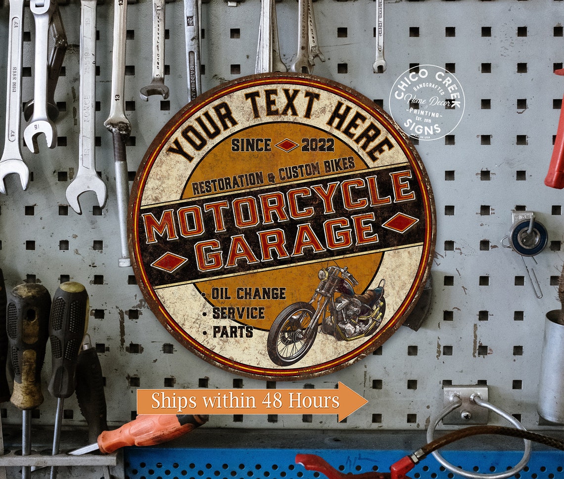 Personalized Motorcycle Garage Sign – Farmhouse Style Wall Plaque – Chico Creek