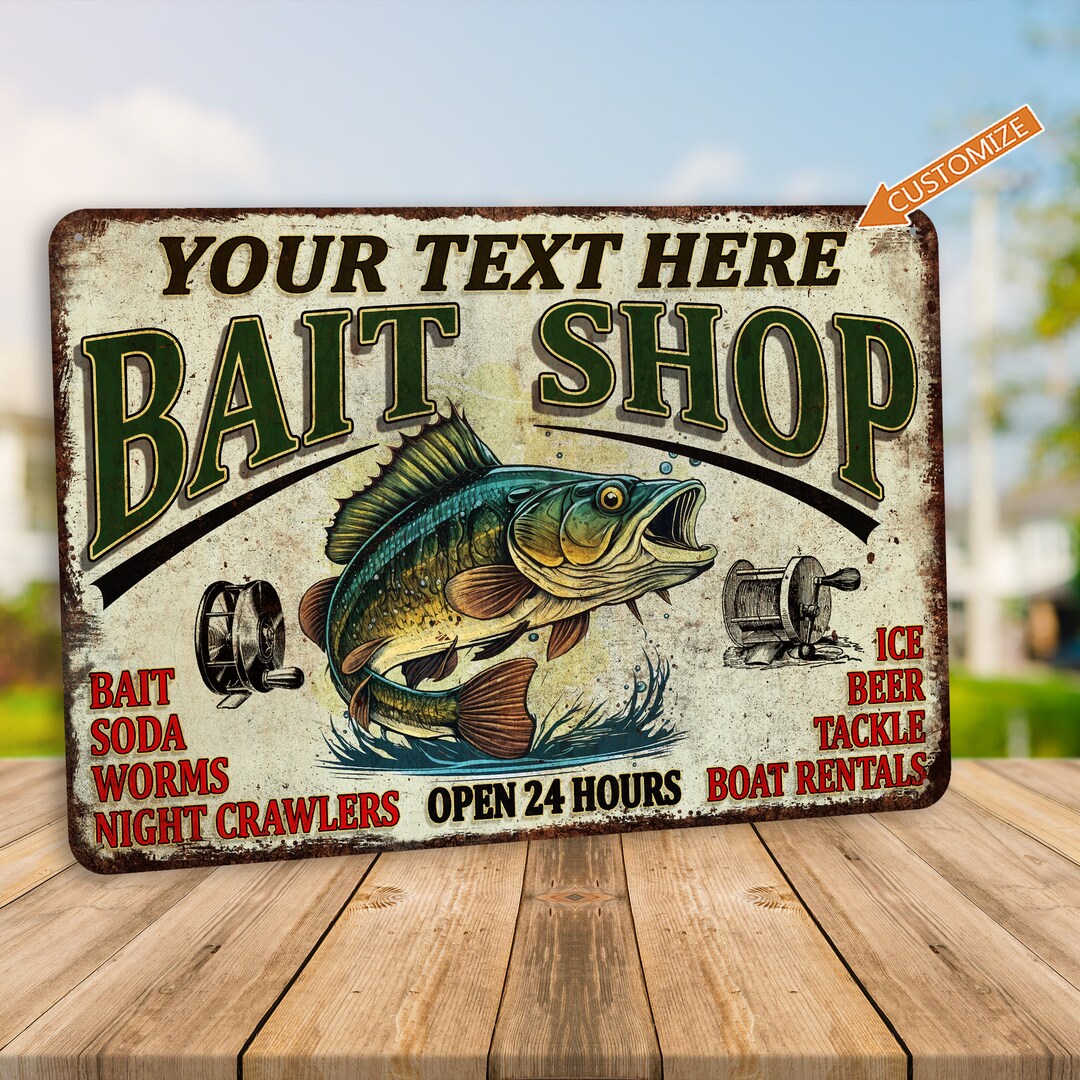Custom Bait Shop Sign Fishing Gift Bait & Tackle Man Cave Metal Sign