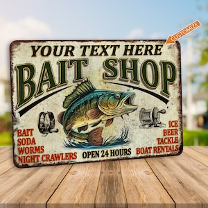 Custom Bait Shop Sign Fishing Gift Bait & Tackle Man Cave Metal Sign Lake House Decor Gift Hunting Beer Worms 108122002070
