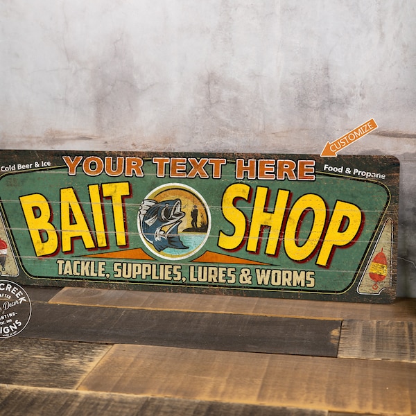 Personalized Bait Shop Sign, Fishing Decor, Vintage Looking Decor, Rod Reel Lure Sign, Bait Tackle, Last Name Sign, Lake Ocean 106182002002
