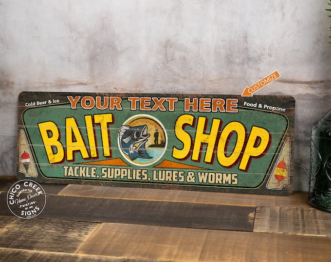 Personalized Bait Shop Sign, Fishing Decor, Vintage Looking Decor, Rod Reel Lure Sign, Bait Tackle, Last Name Sign, Lake Ocean 106182002002
