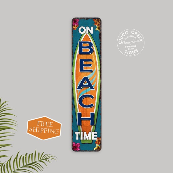 On Beach Time Sign, Surf Shop, Surfboard, Paddle Board, Tiki Tropical Decor, Beach Coastal Gift Sign 104182001043