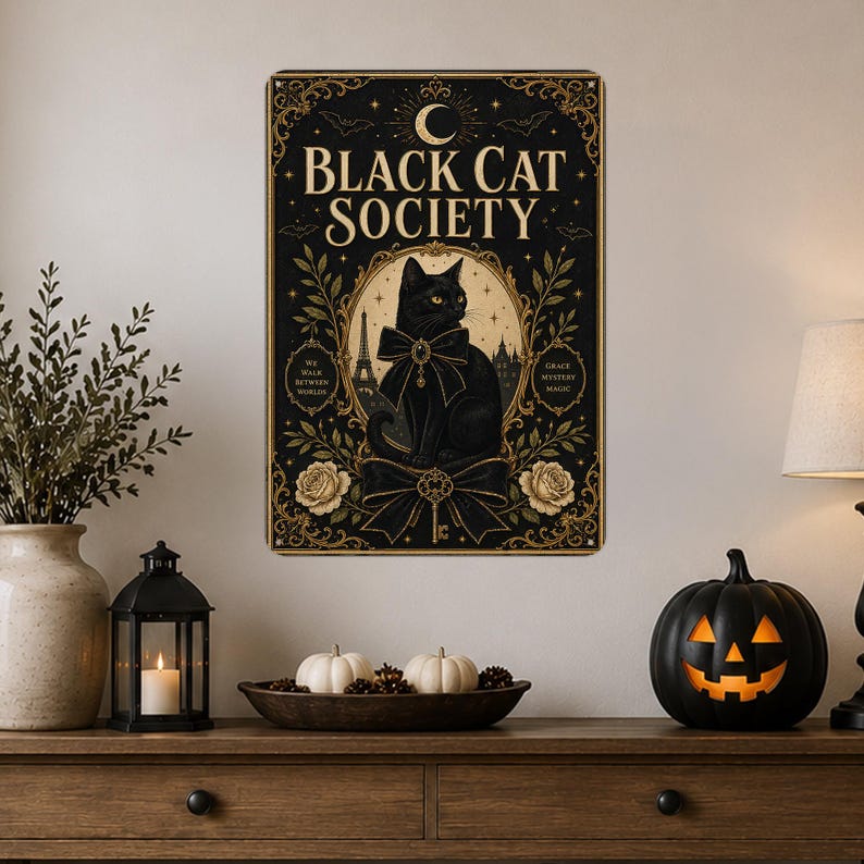 Black Cat Society Elegant Paris metal sign — wall decor for living rooms and gift for gothic decorator