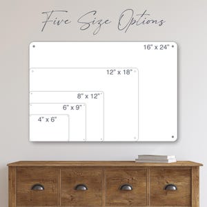 May include: White rectangular signs of various sizes, including 4" x 6", 6" x 9", 8" x 12", 12" x 18", and 16" x 24", are displayed. The text "Five Size Options" is written in cursive at the top.