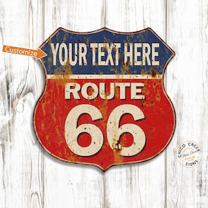 Personalized Route 66 Sign, Garage Shield Sign, Man Cave Decor, Red Route 66 Decor, Roadside Sign 211110005001