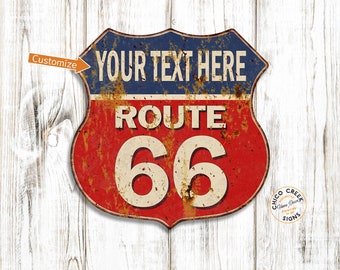 Personalized Route 66 Sign, Garage Shield Sign, Man Cave Decor, Red Route 66 Decor, Roadside Sign 211110005001