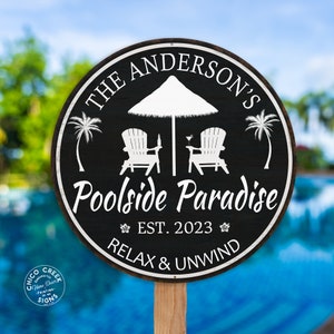 May include: A black and white round sign with the text "The Anderson's Poolside Paradise Est. 2023 Relax & Unwind" and a palm tree, umbrella, and two lounge chairs.