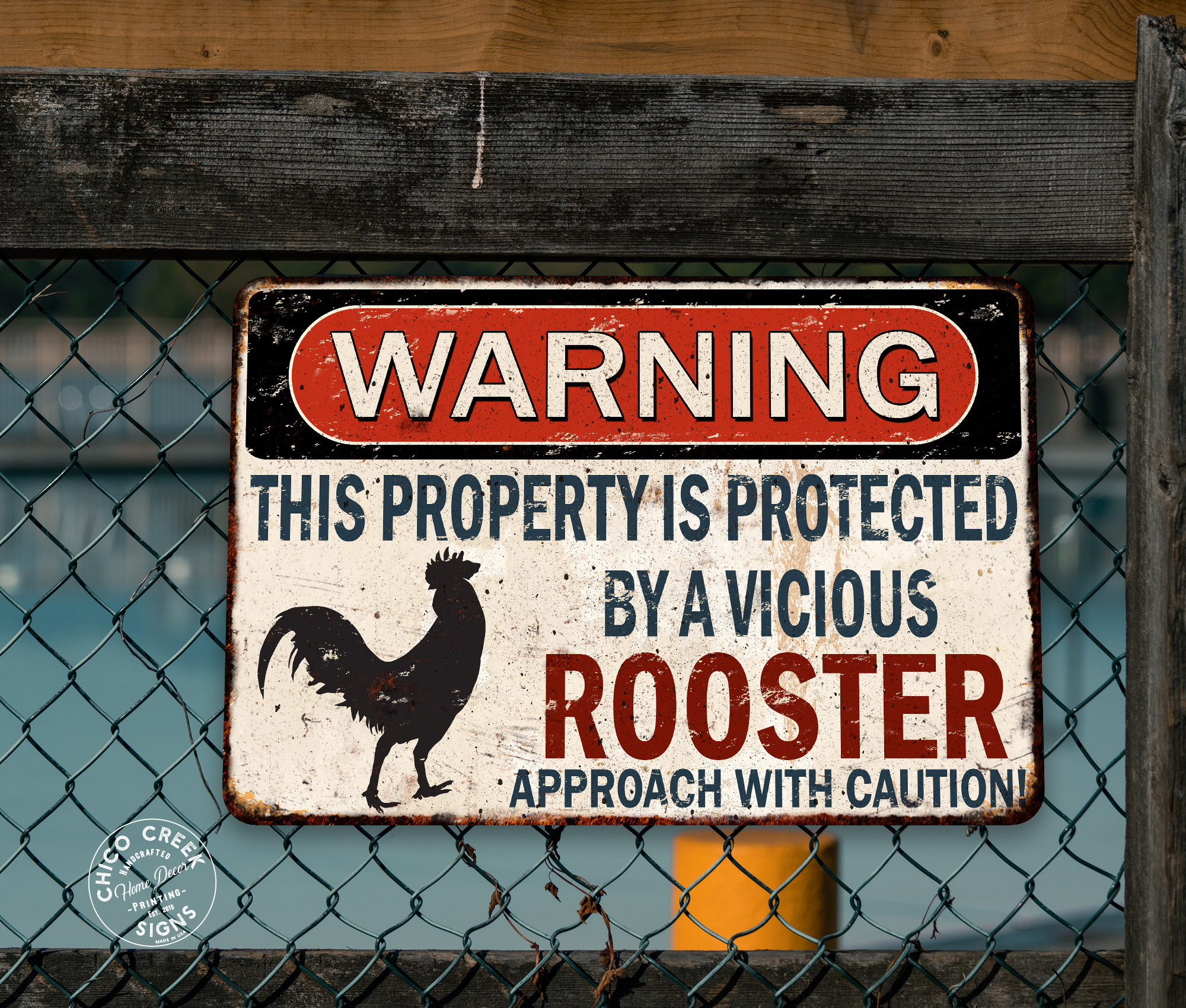 Warning Vicious Rooster Sign Funny Chic Farmhouse Chicken