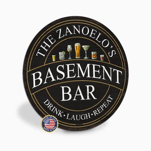 Personalized Basement Bar Sign, Custom Round Black and Gold Bar Sign, Drink Laugh Repeat, Family Name Sign, Made in USA, Gift for Him