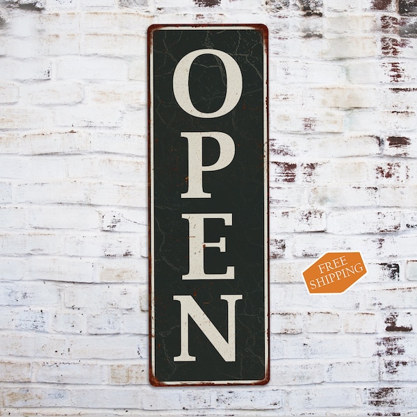 Open Sign, Vertical White on Black OPEN Sign, Vintage Looking Open Plaque, Business Open Sign, Restaurant Open Sign 106180062009