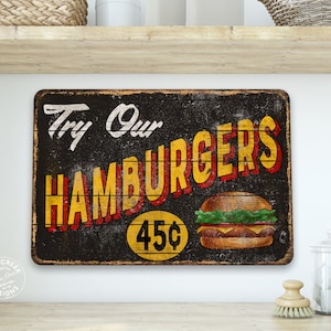 Try Our Hamburgers Sign Roadside Burger Stand Cafe Restaurant Decor Diner Signs 50s Decoration Retro Home Vintage Kitchen 108122001055