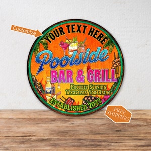 Personalized Poolside Bar and Grill Sign, Custom Pool Sign, Tropical Wall Art, Gift For Her, Gift For Him, Drinking Signs, Poolside Decor