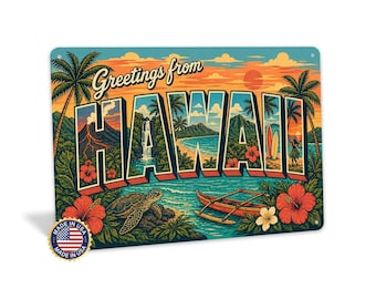Hälsningar från Hawaii Metallskylt, Hawaii State, Hawaii Beach, Tropical Hawaii, Hawaii vykort, Tropisk väggdekor, Strandälskare